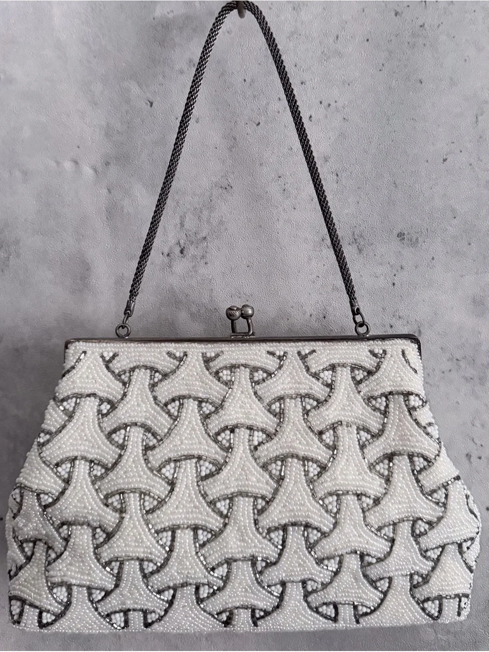 VTG Beaded Clutch Evening Bag Off Wht Silver Geometric Art Deco Purse Chain Str